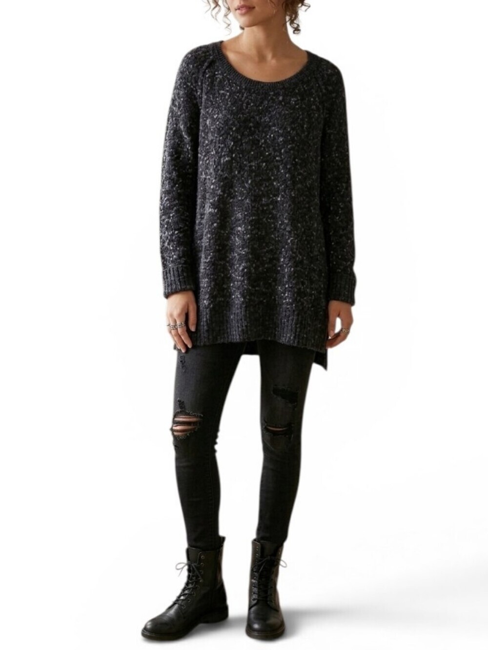Free People Marled Knit Oversized Tunic Sweater Charcoal Gray Medium